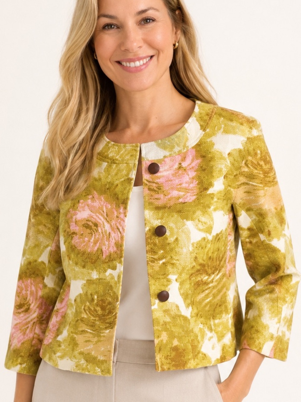 Talbots Petites Floral Textured Cotton Jacket Blazer 2P Cropped Mustard Pink